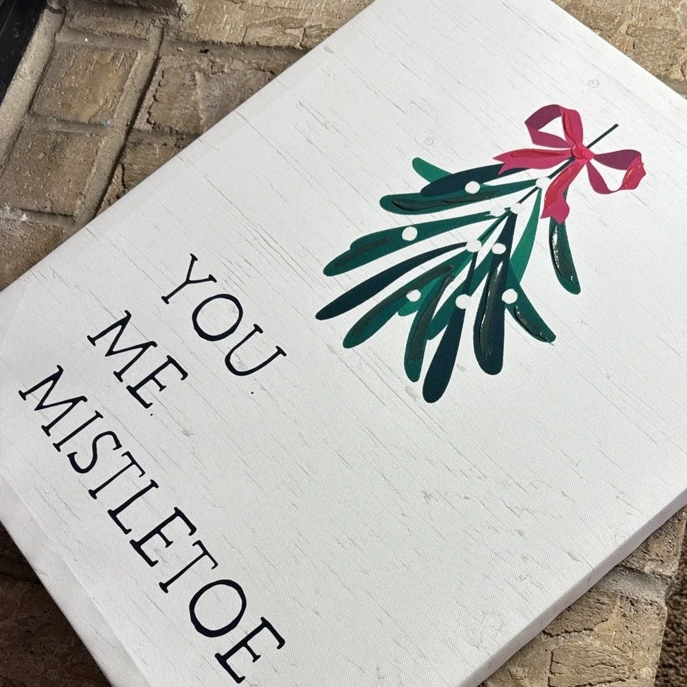Festive Canvas Mistletoe Wall Art w/Red Bow Painted‎ 20